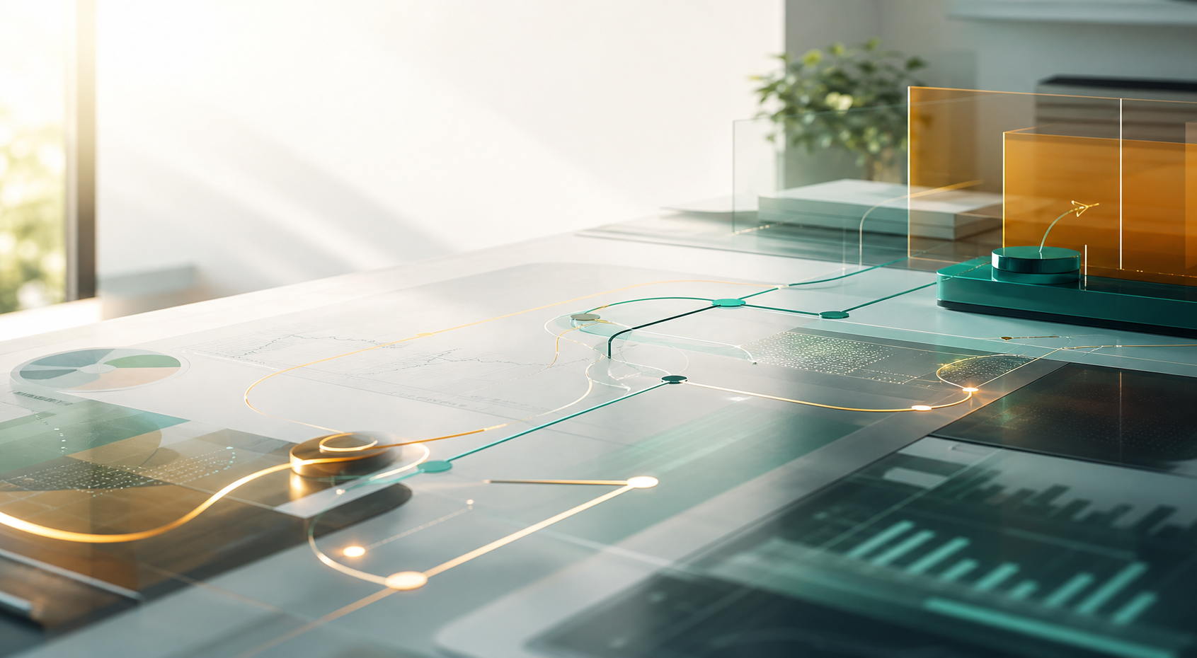 Abstract strategic pathways across a consulting workspace